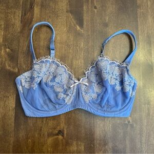 Fayreform‎ Bra 32E Blue Lace Sexy Lingerie Romantic Sheer Adjustable Victorian